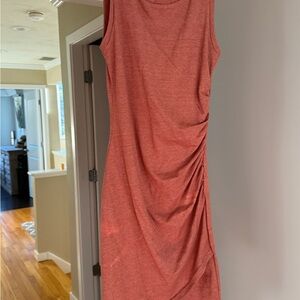 Leith Orange Asymmetrical Ruched Midi Dress